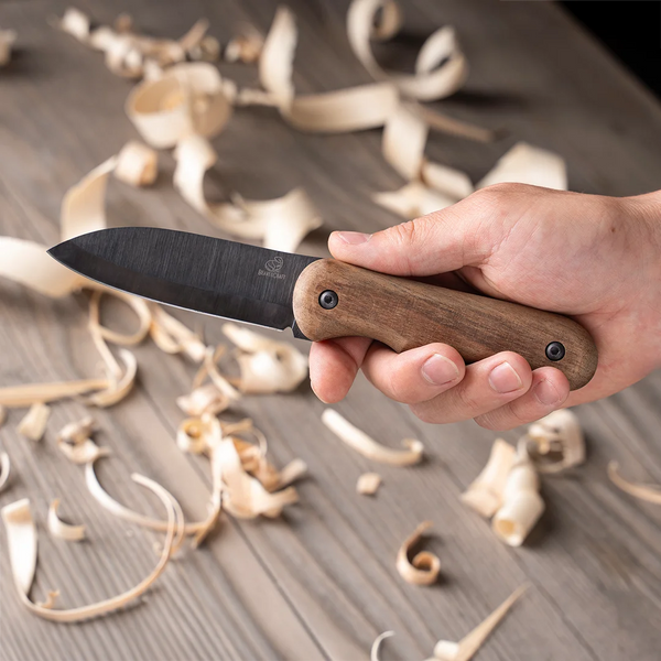 Compact Bushcraft Knife for Camping & Hiking – Black Oxide Coated Carbon Steel Knife with Walnut Handle & Leather Sheath – BSH5 Shadow