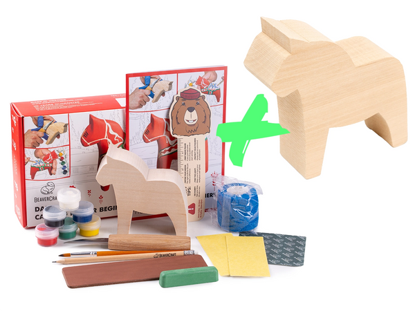 Horse Lover Set – Dala Horse Carving Kit + Extra Carving Blank – BDIY02_BW
