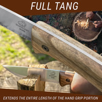 Bushcraft Knife for Camping & Outdoor – Carbon Steel Knife with Walnut Handle & Leather Sheath – BSH1 Dune