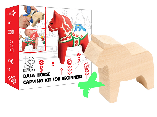 Horse Lover Set – Dala Horse Carving Kit + Extra Carving Blank – BDIY02_BW