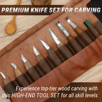 8-Piece Premium Wood Carving Knife Set – Walnut Handle Wood Carving Knives in Leather Tool Roll – S18X