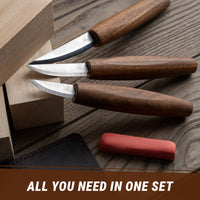 3-Piece Premium Whittling Knife Set – Walnut Handle Whittling Knives in Leather Tool Case – S19X+
