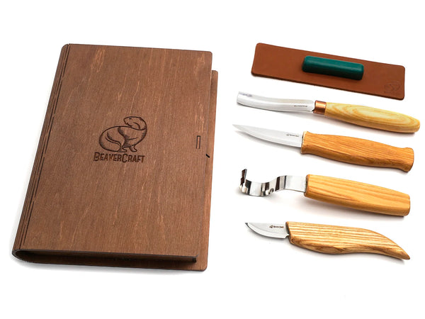 Spoon and Kuksa Carving Professional Set with Knives and Strop in a Book Case BeaverCraft - S43 book